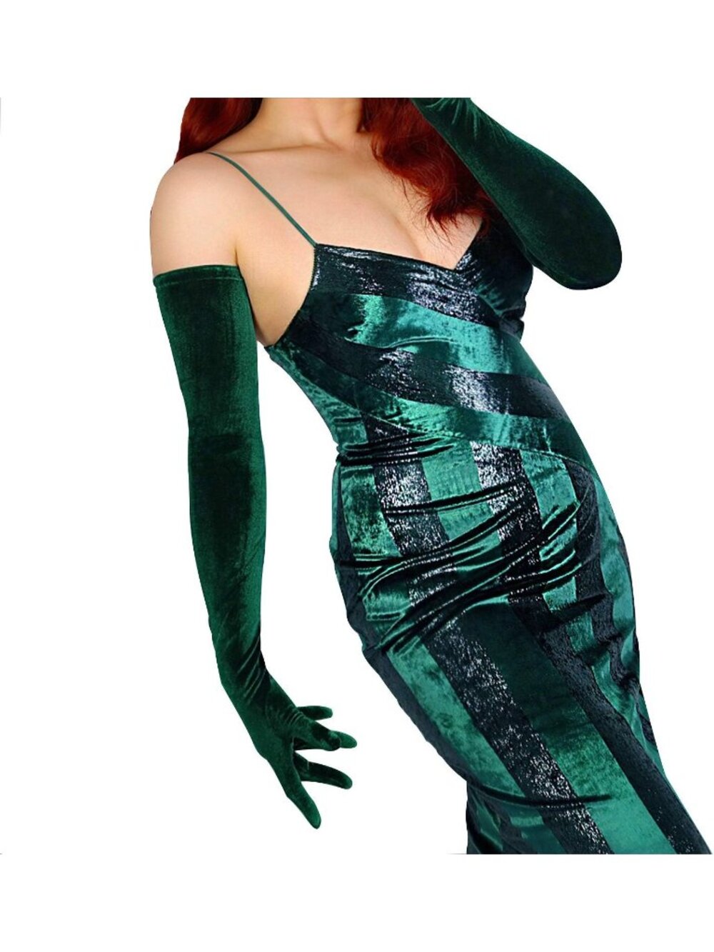 Women's Green 28 Inch Long Touch Screen Halloween Cosplay Costume Velvet Gloves